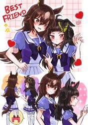 2girls ahoge breasts brown_hair chair closed_mouth collarbone english_text hair_between_eyes hair_ornament heart height_difference highres horse_girl long_hair medium_breasts mimoe multiple_girls red_eyes ribbon school_uniform shaking sirius_symboli_(umamusume) smile standing umamusume umamusume:_cinderella_gray v