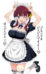 1girl apron black_dress black_shoes blue_eyes blunt_bangs breasts brown_hair cleavage commentary_request double_v dress flower frilled_apron frilled_dress frills hair_flower hair_ornament highres hiyori_(wakana_hanabi) large_breasts long_hair maid maid_day maid_headdress mary_janes one_eye_closed original shoes solo standing standing_on_one_leg thighhighs translation_request v wakana_hanabi white_apron white_thighhighs