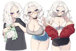 1girl arched_bangs black_choker black_shirt black_shorts blue_shorts blunt_bangs blush bra braid breasts camisole choker cleavage collarbone commentary crop_top cropped_legs drying drying_hair fingernails glasses grey_camisole hands_in_pockets highres holding holding_towel jacket jacket_partially_removed large_breasts leaning_forward long_hair looking_at_viewer meg_(wakamepiza) multiple_views nail_polish original purple_eyes red_jacket ribbon-trimmed_bra ribbon_trim round_eyewear shirt short_shorts shorts simple_background smile symbol-only_commentary t-shirt thick_eyebrows thigh_gap towel twin_braids underwear very_long_hair wakamepiza white_background white_bra white_hair