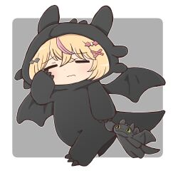 1girl absurdres animal_costume blonde_hair blush chibi closed_eyes closed_mouth commentary commission dragon_costume english_commentary hair_between_eyes hair_ornament hand_on_own_face highres hikka holding holding_stuffed_toy how_to_train_your_dragon_(series) multicolored_hair outline pink_hair second-party_source solo streaked_hair stuffed_toy suri_solari toothless v&amp;u_entertainment virtual_youtuber white_outline x_hair_ornament