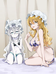 2girls arbiter_temperance_xiv_(azur_lane) azur_lane bikini blonde_hair blue_eyes breasts colored_skin commission ebifurai_daisuki_man grey_hair hat highres long_bangs long_hair looking_at_viewer maribel_hearn medium_breasts mob_cap multiple_girls navel o-ring o-ring_bottom petite pixiv_commission purple_bikini siren_(azur_lane) small_breasts stomach swimsuit thick_eyebrows touhou twirling_hair white_skin