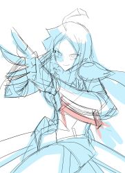 1girl armor armored_gloves armored_leotard breasts digimon digimon_(creature) female_focus fighting_stance fur_collar gloves highres hudiemon leotard long_hair medium_breasts ph6xeivbgpimggg shoulder_armor sketch smile solo solo_focus thick_thighs thighs