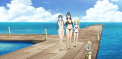 3girls alternate_hairstyle arifureta_shokugyou_de_sekai_saikyou barefoot beach bikini black_bikini black_hair blonde_hair blue_bikini breasts brown_eyes cleavage closed_eyes feet hand_on_own_hip large_breasts long_hair looking_at_viewer low_twintails medium_breasts multiple_girls navel ocean open_mouth pointy_ears red_eyes smile stitched swimsuit thighs third-party_edit tio_clarce tongue twintails yue_(arifureta)