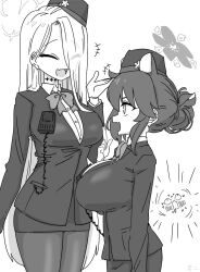 Rule 34 | 1other, 2girls, ^ ^, animal ears, asymmetrical bangs, blazer, blue archive, bow, bowtie, breasts, closed eyes, commentary request, drooling, fang, garrison cap, gloves, greyscale, hair over one eye, halo, hat, highres, impossible clothes, jacket, kaede (blue archive), kaede (guide) (blue archive), large breasts, long hair, looking up, miniskirt, monochrome, mouth drool, multiple girls, nervous sweating, nishino hikoji, pencil skirt, pina (blue archive), pina (guide) (blue archive), simple background, skin fang, skirt, smile, straight hair, sweat, very long hair, walkie-talkie, white background