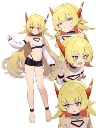 1girl absurdres anklet bandaged_horn bare_shoulders barefoot black_choker black_shorts blonde_hair breasts choker commentary covered_collarbone crop_top demon_horns detached_sleeves feet hair_flaps highres horns jewelry long_hair long_sleeves midriff multiple_expressions multiple_views navel original pg_(pege544) pointy_ears purple_eyes red_horns shirt short_shorts shorts small_breasts very_long_hair white_background white_shirt white_sleeves