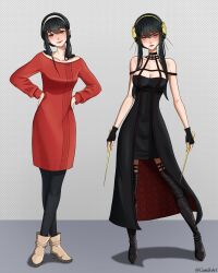 1girl absurdres black_boots black_gloves black_hair black_pantyhose boots breasts cleavage comidoart commentary crossed_legs dress english_commentary fingerless_gloves full_body gloves hair_between_eyes hands_on_own_hips highres holding holding_weapon long_sleeves multiple_views pantyhose red_dress red_eyes sidelocks spy_x_family thigh_boots weapon yor_briar