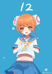 1girl :o acfun acfun_girl blue_background blue_sailor_collar blue_skirt bun_cover chaowei_suzhi double_bun hair_bun hands_up highres index_finger_raised looking_at_viewer midriff miniskirt navel neckerchief open_mouth orange_eyes orange_hair pleated_skirt sailor_collar school_uniform serafuku shirt short_hair short_sleeves skirt solo upper_body v watermark weibo_watermark white_neckerchief white_shirt