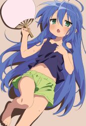 1girl ahoge bare_legs bare_shoulders barefoot blue_hair blue_tank_top blush collarbone commentary feet flat_chest green_eyes green_shorts hand_fan highres holding hot izumi_konata kyoto_animation long_hair looking_at_viewer lucky_star lying midriff midriff_peek mole mole_under_eye navel nekokawa_isugi on_back open_mouth paper_fan shirt shorts simple_background solo sweat sweatdrop tank_top uchiwa very_long_hair