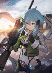 1girl anti-materiel_rifle aqua_eyes aqua_hair belt black_gloves black_shorts blue_sky bolt_action breasts building bullet cleavage closed_mouth cloud cloudy_sky cowboy_shot cropped_jacket duplicate dusk fingerless_gloves glint gloves gun hair_between_eyes hair_ornament hairclip highres holding holding_bullet holding_gun holding_weapon long_sleeves medium_breasts nakamura_eight outdoors pgm_hecate_ii photoshop_(medium) rifle scarf short_hair short_hair_with_long_locks short_shorts shorts sinon sky sniper_rifle solo standing sword_art_online tsurime twitter_username weapon