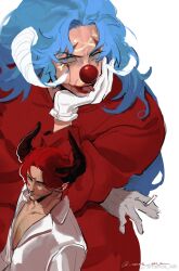 2boys black_horns blue_eyes blue_hair buggy_the_clown cigarette clown_nose commentary_request facepaint forked_tongue gloves highres holding holding_cigarette horns long_hair male_focus multiple_boys one_piece pectoral_cleavage pectorals red_hair red_robe robe shanks_(one_piece) shirt smoking sparse_stubble tongue vamos_mk very_long_hair white_background white_gloves white_horns white_shirt