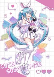 1girl ;d bandaid bandaid_on_leg bare_shoulders blue_eyes blue_hair blush commentary controller detached_sleeves full_body game_controller grid_background hair_ornament hair_ribbon hatsune_miku headphones headphones_around_neck highres holding holding_controller holding_game_controller long_hair long_sleeves looking_at_viewer multicolored_hair neckerchief noneon319 one_eye_closed open_mouth outline pink_hair pink_neckerchief pleated_skirt pom_pom_(clothes) pom_pom_hair_ornament ribbon sailor_collar shirt shoes skirt sleeveless sleeveless_shirt smile solo standing streaked_hair symbol-only_commentary thighhighs twintails two-tone_hair very_long_hair vocaloid white_background white_outline white_ribbon white_sailor_collar white_shirt white_shoes white_skirt white_sleeves white_thighhighs x_hair_ornament