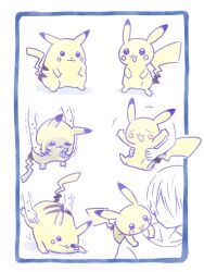 Rule 34 | black eyes, blue border, blush stickers, border, bright pupils, closed mouth, fat pikachu, gen 1 pokemon, heavy, highres, holding, holding pokemon, imasogari, looking at viewer, motion lines, nintendo, on shoulder, open mouth, picking up, pikachu, pokemon, pokemon (creature), pokemon focus, pokemon on shoulder, simple background, smile, sweatdrop, white background, white pupils