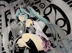 1girl black_socks blue_hair closed_mouth colorized detached_sleeves empty_eyes expressionless eyepatch feet_out_of_frame grey_background hair_ornament hair_scrunchie hatsune_miku koruneiyu long_hair looking_at_viewer macco medical_eyepatch pelt pink_skirt scrunchie shirt sitting skirt socks solo stuffed_animal stuffed_toy tsumi_to_batsu_(vocaloid) twintails very_long_hair vocaloid white_shirt