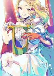 1girl blonde_hair dress harp highres instrument iuria_wolph long_hair looking_at_viewer lyre miyama_(lacrima01) sitting smile solo tactics_ogre wings