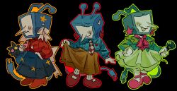 Rule 34 | 1boy, alternate costume, ant tenna, black background, blue skirt, brown skirt, cable, cable tail, crossdressing, crossdressing (mtf), deltarune, earrings, friend (deltarune), full body, green jacket, green outline, green skirt, hand in pocket, hand on own hip, highres, holding, holding microphone, jacket, jewelry, long nose, male focus, mechanical tail, microphone, multiple views, necktie, no eyes, object head, oobbbear, open mouth, orange outline, outline, red outline, red shoes, red sweater, shoes, simple background, skirt, skirt hold, smile, socks, standing, sweater, tail, television, white socks
