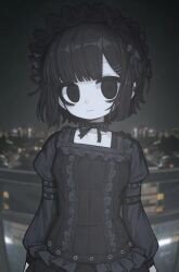 1girl black_bonnet black_eyes black_hair black_ribbon black_shirt bonnet closed_mouth colored_skin commentary earrings film_grain frills hair_ornament hairclip highres jewelry ketopon kurosaki_reika_(ketopon) long_sleeves original photo_background ribbon shirt short_hair smile solo square_neckline stud_earrings symbol-only_commentary upper_body white_skin