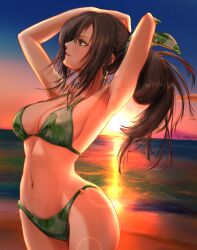 1girl armpits arms_up beach bikini black_hair breasts cleavage earrings gradient_sky green_bikini hgus5855 highres hoop_earrings horizon jewelry leaf_print long_hair medium_breasts o-ring o-ring_bikini o-ring_bottom ocean orange_sky original ponytail print_bikini sky solo sunset swimsuit unworn_shoe