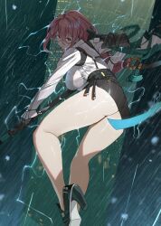 1girl ass black_skirt bra_visible_through_clothes breasts electricity from_behind glasses high-waist_skirt high_heels highres kneepits large_breasts long_hair looking_at_viewer midair midfinger naginata pencil_skirt pink_hair polearm rain red_eyes ring_hair_ornament shirt skirt solo thighs tsukishiro_yanagi weapon wet wet_clothes wet_shirt white_shirt zenless_zone_zero