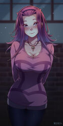 1girl arms_behind_back artist_name black_thighhighs blush breasts collarbone dress female_focus hairband highres indoors izayoi_aki jewelry large_breasts long_hair looking_at_viewer mibry_(phrysm) necklace night red_hair smile thighhighs thighs window yu-gi-oh! yu-gi-oh!_5d&#039;s