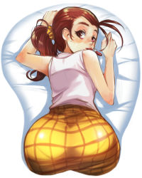 Rule 34 | 1girl, ass, ass mousepad, bare shoulders, blush, female focus, from behind, highres, instrument, jcm2, kazoo, looking at viewer, looking back, luan loud, md5 mismatch, mousepad (medium), nickelodeon, pantylines, ponytail, simple background, skirt, solo, sweat, the loud house, top-down bottom-up, white background, yellow skirt