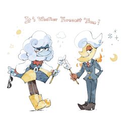1boy 1girl arm_behind_back black_eyes black_shoes blue_dress blue_jacket blue_pants blue_skin blue_suit boots cloud colored_skin crescent_moon deltarune dress elnina_(deltarune) english_text fire formal_clothes full_body highres holding holding_pointer holding_removed_eyewear jacket lanino_(deltarune) looking_at_viewer moon pants pointer shoes short_hair simple_bird smile snowflakes standing suit sunglasses unworn_eyewear white_background white_hair yellow_boots yellow_skin zunda_e_damame