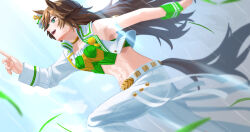 1girl :d ahoge animal_ears aqua_eyes blue_sky breasts brown_hair choker cloud collarbone commentary cowboy_shot cropped_jacket day fuduki. grass green_shirt hair_between_eyes hair_ornament hairclip hat highres horse_ears horse_girl horse_tail jacket light_rays long_hair long_sleeves medium_breasts midriff mini_hat mini_top_hat mr._c.b._(umamusume) navel open_clothes open_jacket open_mouth pants running shirt sidelocks single_bare_shoulder single_sleeve single_wrist_cuff sky smile solo strapless strapless_shirt tail teeth toned toned_female top_hat umamusume upper_teeth_only white_jacket white_pants wrist_cuffs yellow_choker