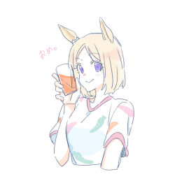 1girl absurdres animal_ears blonde_hair carrot_print closed_mouth cropped_torso cup drink drinking_glass food_print forehead hand_up highres holding holding_cup horse_ears looking_at_viewer narita_top_road_(umamusume) parted_bangs print_shirt purple_eyes seila_rei shirt short_hair short_sleeves simple_background smile solo translation_request umamusume upper_body white_background white_shirt