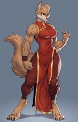 1girl animal_ears bare_shoulders barefoot chinese_clothes claws clenched_hand collar fingernails furry furry_female highres luigiix monk muscular muscular_female original sharp_fingernails sharp_toenails simple_background solo tail toenails wolf_ears wolf_girl wolf_tail yellow_eyes