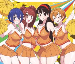 4girls absurdres amagi_yukiko black_eyes black_hair blue_eyes blue_hair blunt_bangs blush breasts brown_eyes brown_hair cheerleader closed_eyes closed_mouth commission earrings hair_between_eyes hairband highres jeff_miga jewelry kujikawa_rise long_hair medium_breasts multiple_girls navel open_mouth pearl_earrings persona persona_4 pom_pom_(cheerleading) red_hairband satonaka_chie shirogane_naoto short_hair swept_bangs thighs tongue tongue_out twintails