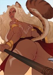 1girl afk_(series) afk_journey animal_ears antandra_(afk_arena) ass ass_focus blonde_hair bracelet breasts curvy dark_skin djcomps highres jewelry large_breasts long_hair looking_at_viewer looking_back no_panties open_mouth polearm pussy shield simple_background spear standing tail tattoo thick_lips thick_thighs thighs wavy_hair weapon yellow_eyes
