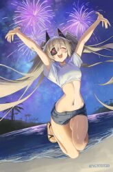 1girl absurdres ahoge blue_shorts breasts closed_eyes cropped_shirt denim denim_shorts djmax djmax_respect eyepatch fail_(djmax) fireworks highres long_hair navel night night_sky ocean sandals short_sleeves shorts sky small_breasts smile solo star_(sky) starry_sky syc2159 twintails very_long_hair