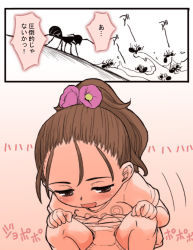 1girl ant blush breasts brown_eyes brown_hair bug flat_chest hair_ornament hands_on_own_knees insect loli looking_down naoki_(shibu_asa_ryo) open_mouth original panties panty_pull peeing ponytail shirt short_sleeves small_breasts smile squatting underwear white_panties