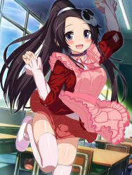 Rule 34 | 1girl, apron, arm up, bad id, bad pixiv id, black hair, blush, choker, classroom, elysia de lute ima, female focus, heart, kami nomi zo shiru sekai, long hair, open mouth, pink thighhighs, ponytail, purple eyes, school, school uniform, shoes, skirt, skull, solo, standing, standing on one leg, thighhighs, uwabaki, wataru (zazazazazazawa), wind, wind lift