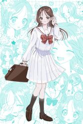 1girl brown_eyes brown_hair commentary_request face-framing_short_strand highres loose_hair_strand m15391599 parted_bangs round_eyes sailor_collar school_uniform smile white_sailor_collar
