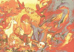 2boys absurdres aged_down axis_powers_hetalia bird blonde_hair blue_tunic child cloak dragon fairy flower_wreath france_(hetalia) grass highres kneeling lying male_focus medium_hair multiple_boys on_back orange_theme outdoors rabbit short_hair skull straddling sweatdrop thick_eyebrows tombstone tunic unicorn united_kingdom_(hetalia) woshifoufou