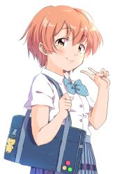 1girl animal_charm bag bag_charm blue_bag blue_bow blue_bowtie blue_skirt blush bow bowtie charm_(object) closed_mouth collared_shirt diagonal-striped_bow diagonal-striped_bowtie diagonal-striped_clothes hand_up highres hoshizora_rin looking_at_viewer love_live! love_live!_school_idol_project orange_hair otonokizaka_school_uniform school_uniform sen_(sen0910) shirt short_hair short_sleeves shoulder_bag simple_background skirt smile solo standing striped_clothes summer_uniform v white_background white_shirt yellow_eyes