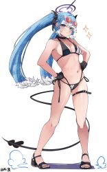 Rule 34 | 1girl, absurdres, bikini, black bikini, black gloves, blue archive, blue eyes, blue hair, breasts, closed mouth, colored tips, cosplay, demon tail, eyewear on head, full body, gloves, halo, hands on own hips, highres, hololive, hololive indonesia, iori (blue archive), iori (blue archive) (cosplay), iori (swimsuit) (blue archive), kobo kanaeru, long hair, mr thecatman, multi-strapped bikini bottom, multicolored hair, orange-tinted eyewear, purple halo, sandals, side-tie bikini bottom, simple background, small breasts, solo, standing, sunglasses, sweatdrop, swimsuit, tail, thigh strap, tinted eyewear, twintails, two-tone hair, virtual youtuber, white background, white hair
