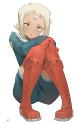 Rule 34 | 1girl, absurdres, boots, dark-skinned female, dark skin, expressionless, full body, hands on own knees, highres, knees together feet apart, lal&#039;c mellk mal, looking at viewer, open mouth, short hair, sitting, solo, t-lex, thighhighs, top wo nerae! (series), top wo nerae 2!, white background, white hair, yellow eyes