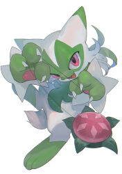 Rule 34 | :d, claws, commentary, creatures (company), fangs, floragato, full body, game freak, highres, holding, kikuyoshi (tracco), nintendo, no humans, open mouth, pink eyes, pokemon, pokemon (creature), pokemon focus, simple background, smile, solo, tongue, white background
