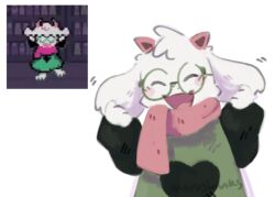 1boy animal_ears artist_name blush cloak closed_eyes commentary deltarune derivative_work english_commentary facing_viewer furry furry_male goat_boy goat_ears goat_horns green_cloak horns male_focus marustonks open_mouth photo-referenced pink_scarf ralsei reference_inset round_eyewear scarf smile white_background