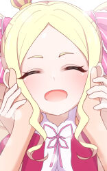 1girl 1other beatrice_(re:zero) blonde_hair blush capelet closed_eyes crown fur-trimmed_capelet fur_trim hair_ornament hair_ribbon hand_on_another&#039;s_hand hands_on_another&#039;s_face highres merueru mini_crown open_mouth parted_bangs re:zero_kara_hajimeru_isekai_seikatsu ribbon smile solo_focus
