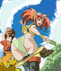 Rule 34 | 00s, 1boy, 1girl, ass, blush, blush stickers, brown hair, climax entertainment, closed eyes, clothes pull, dinosaur king, drooling, from behind, from below, green panties, haguruma kujira, kodai ryuuta, long hair, looking back, looking down, open mouth, panties, pink eyes, pink hair, saliva, shiny skin, short hair, shorts, shorts pull, smile, tatsuno malm, thighhighs, twintails, underwear