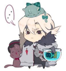 ... 1girl :| animal animal_on_head animalization arlecchino_(genshin_impact) black_eyes black_hair bow cat cat_on_head chain chibi cloak closed_mouth diving_helmet fish fishbowl freminet_(genshin_impact) full_body fur_collar genshin_impact grey_hair hair_between_eyes hashtag-only_commentary hat helmet holding lynette_(genshin_impact) lyney_(genshin_impact) multicolored_hair on_head pants red_pupils short_eyebrows simple_background spoken_ellipsis symbol-shaped_pupils two-tone_hair vest x-shaped_pupils xivahtune