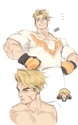 Rule 34 | 1boy, blonde hair, blue eyes, chibi, chibi inset, dog tags, facial scar, fingerless gloves, forked eyebrows, gloves, grin, hands on own hips, highres, looking at viewer, looking to the side, luke sullivan, male focus, mma gloves, multicolored gloves, multicolored shirt, multiple scars, multiple views, muscular, muscular male, notice lines, parted lips, pectorals, print shirt, scar, scar across eyes, scar on arm, scar on cheek, scar on face, shirt, short sleeves, simple background, smile, street fighter, street fighter 6, teeth, titanium886, unfinished, white background, white shirt