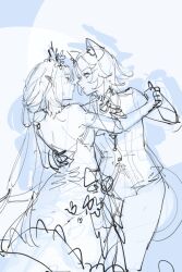 Rule 34 | 2girls, alternate costume, animal ears, aragiken, backless dress, backless outfit, bare shoulders, castorice (honkai: star rail), cat ears, cipher (honkai: star rail), dress, eye contact, holding hands, honkai: star rail, honkai (series), jacket, long hair, looking at another, multiple girls, pants, short hair, unfinished, yuri