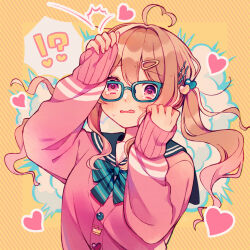!? 1girl ahoge amagi_hana black_sailor_collar blush bow bowtie cardigan commentary_request glasses green-framed_eyewear green_bow green_bowtie hair_ornament hairclip hands_up heart heart_ahoge highres long_sleeves looking_at_viewer open_mouth original pink_cardigan pink_eyes sailor_collar school_uniform serafuku sleeves_past_fingers sleeves_past_wrists solo striped_background striped_bow sweat tears upper_body wavy_mouth yellow_background