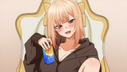 1girl black_jacket blonde_hair blush drunk happy jacket looking_at_viewer mia_(motokare_to_wa_dekinakatta_sex_shitemo_li_desu_ka) motokare_to_wa_dekinakatta_sex_shitemo_li_desu_ka nervous smile source_request