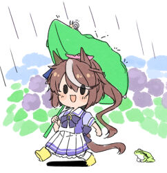 1girl animal_ears blush_stickers boots bow brown_hair chibi commentary_request ear_ribbon frog full_body hair_bow highres horse_ears horse_girl horse_tail leaf_umbrella long_hair multicolored_hair pink_bow ponytail purple_shirt rain rubber_boots school_uniform shirt short_sleeves skirt smile snail solid_eyes solo streaked_hair tail tokai_teio_(umamusume) tracen_school_uniform umamusume white_hair white_skirt yunekoko