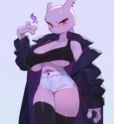1girl absurdres animal_ears animal_nose arm_at_side backlighting bare_shoulders black_coat black_shirt black_thighhighs blue_background blush breasts closed_mouth clothed_pokemon coat collarbone colored_skin cowboy_shot crop_top drunkoak ear_piercing earrings female_focus fire furry furry_female gen_1_pokemon hand_up high-waist_shorts highres huge_breasts jewelry legendary_pokemon long_sleeves looking_at_viewer mature_female mewtwo multiple_earrings nintendo open_clothes open_coat personification piercing pink_eyes pocket pokemon pokemon_(creature) purple_fire purple_skin pyrokinesis shirt short_shorts shorts side_slit simple_background skindentation sleeveless sleeveless_shirt solo standing thick_thighs thighhighs thighs two-sided_coat two-sided_fabric underboob white_shorts