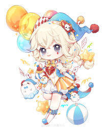 1girl absurdres ace_(playing_card) ace_of_diamonds all-night_party_(infinity_nikki) arm_warmers ball balloon beachball blonde_hair blue_hat blue_ribbon boots bow bowtie braid buttons card chibi clown coattails confetti crossed_bangs detached_sleeves diamond_(shape) dot_nose eyelashes facial_tattoo floating_card floating_clothes floating_hair frilled_sleeves frills ghost grey_eyes hair_between_eyes hair_ornament hair_ribbon hat heart heart_button heart_hair_ornament highres holding holding_balloon infinity_nikki jester_cap knee_boots leg_up light_particles long_hair long_sleeves multicolored_hat neck_ruff nikki_(series) nuli_de_chengzhi_er open_mouth playing_card pom_pom_(clothes) puffy_long_sleeves puffy_shorts puffy_sleeves red_arm_warmers red_hat red_ribbon ribbon shirt shorts simple_background single_arm_warmer sleeveless sleeveless_shirt smile solo sparkle star_(symbol) tareme tattoo tongue twin_braids two-tone_ribbon watermark weibo_watermark white_background white_boots white_hat white_shirt white_shorts white_sleeves yellow_bow yellow_bowtie